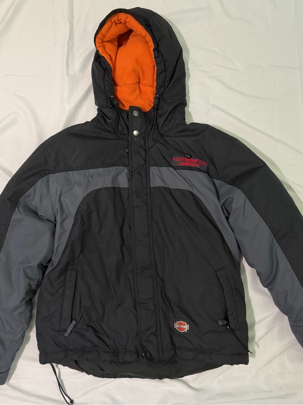 Harley-Davidson Men's Hooded Down Puffer Jacket Black Grey Orange Size M